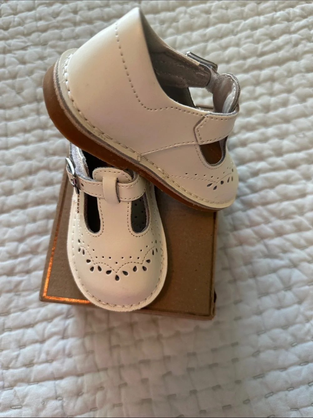 L'Amour Pearl White T-Strap Kids Dress Shoes with Perforated Detail